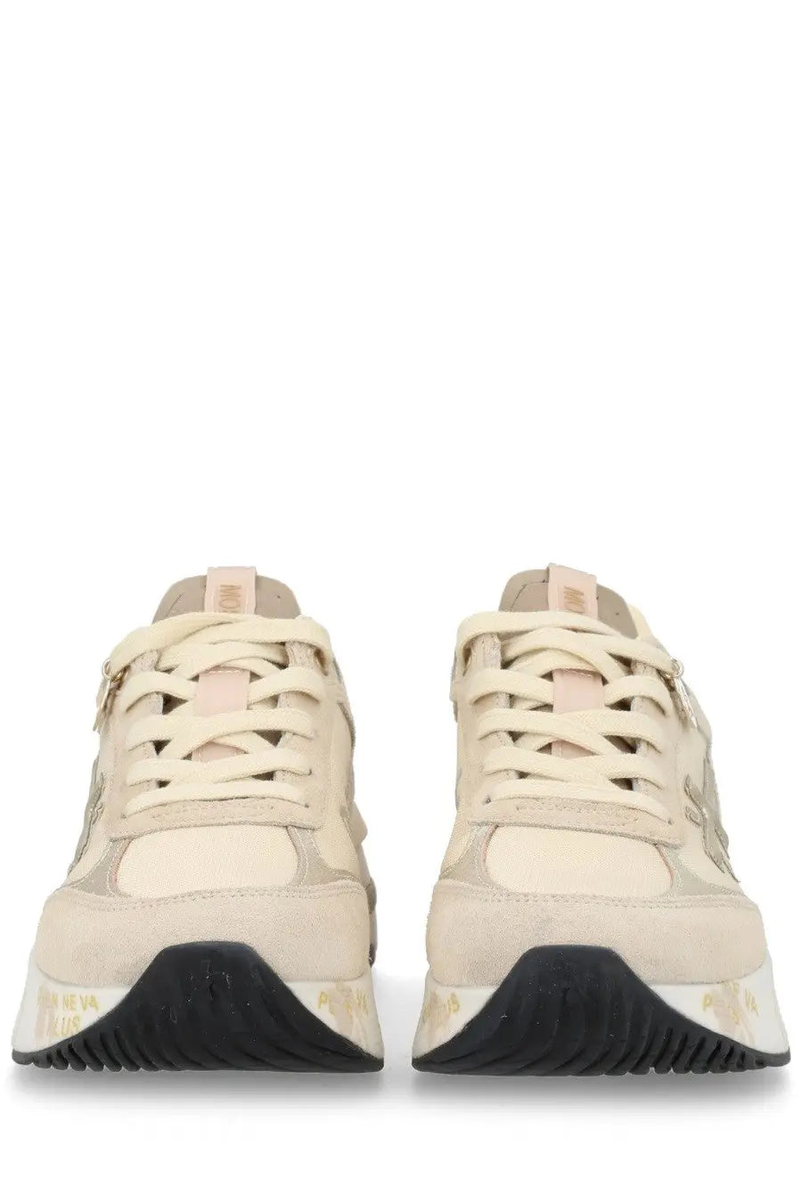 Premiata women’s sneaker Moerund beige with beige and black chunky sole suede and mesh uppers and gold branding on sides