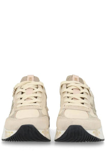 Premiata women’s sneaker Moerund beige with beige and black chunky sole suede and mesh uppers and gold branding on sides