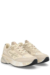 Premiata women’s sneaker Moerund beige cream chunky sneakers with suede mesh upper metallic silver branding black soles