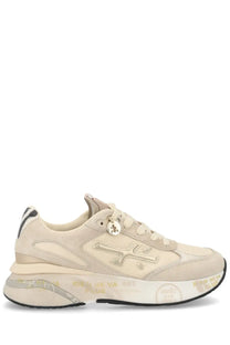 Premiata women’s sneaker Moerund beige suede and leather with metallic gold logo and black and white heel stripes