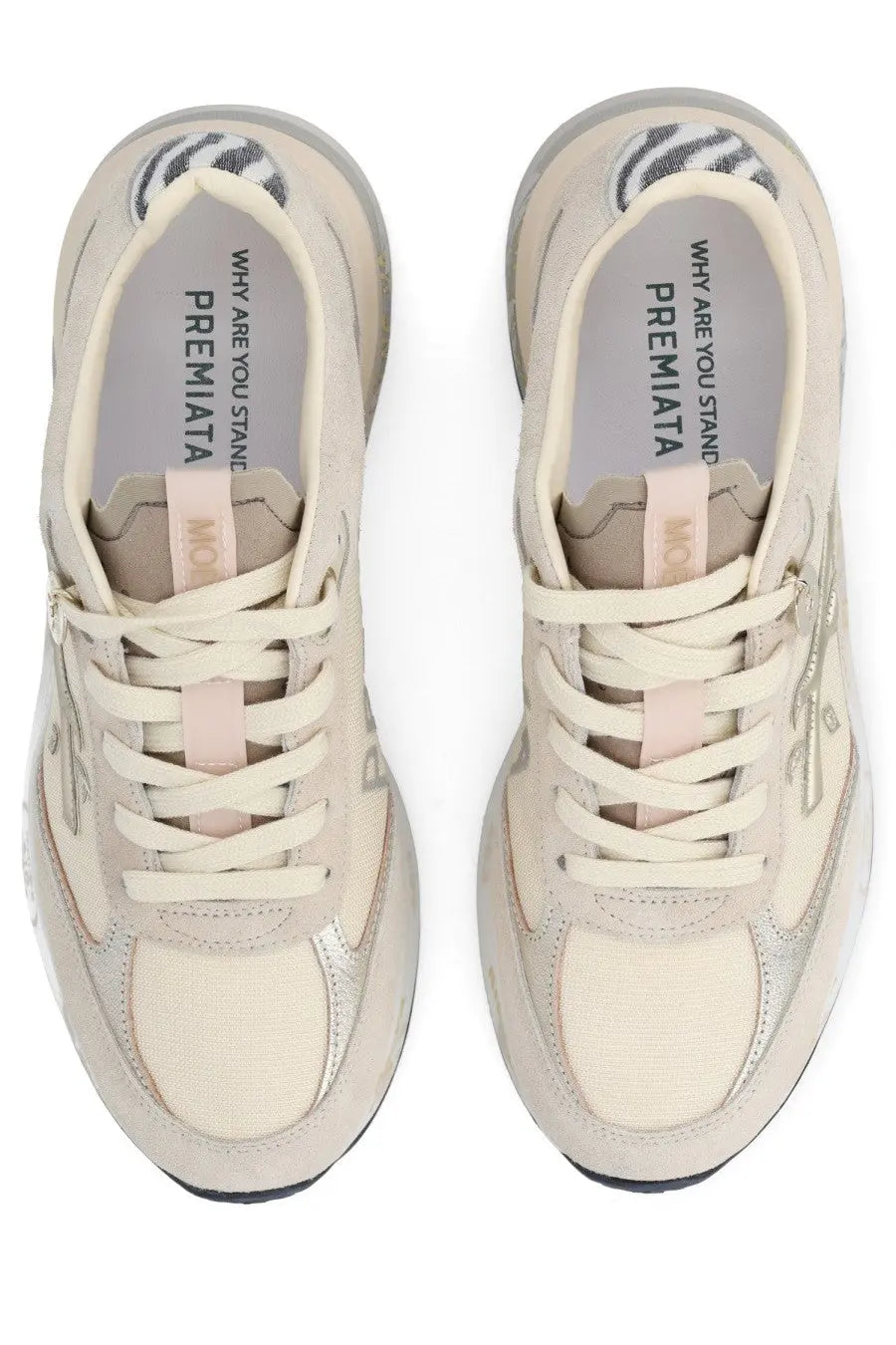 Premiata women’s sneaker Moerund beige with chunky sole, silver accents, zebra-patterned heel tab, and light pink laces