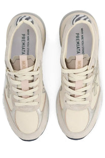 Premiata women’s sneaker Moerund beige with chunky sole, silver accents, zebra-patterned heel tab, and light pink laces