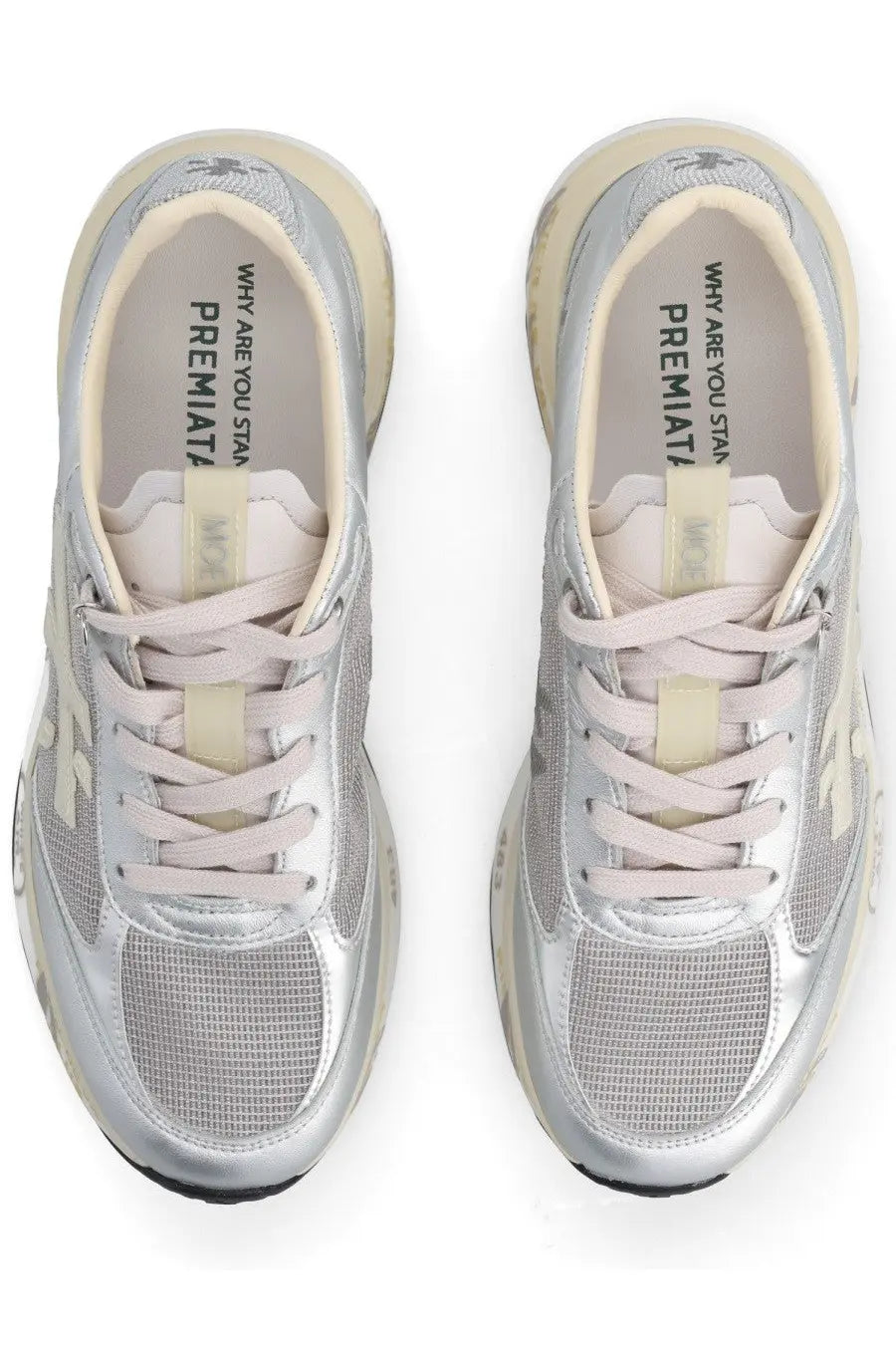 Premiata women’s sneaker Moerund grey silver and beige with mesh upper chunky sole and subtle branding on the insole