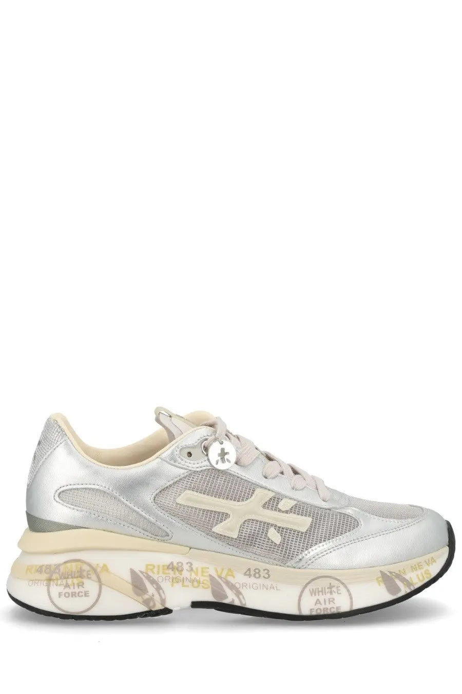Premiata women’s sneaker moerund grey silver metallic with mesh upper white laces and bold 483 branding on the sole