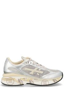 Premiata women’s sneaker moerund grey silver metallic with mesh upper white laces and bold 483 branding on the sole