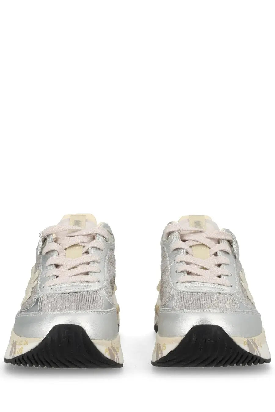 Premiata women’s sneaker moerund grey silver metallic sneakers with cream laces and black rubber sole front view