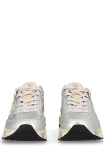 Premiata women’s sneaker moerund grey silver metallic sneakers with cream laces and black rubber sole front view