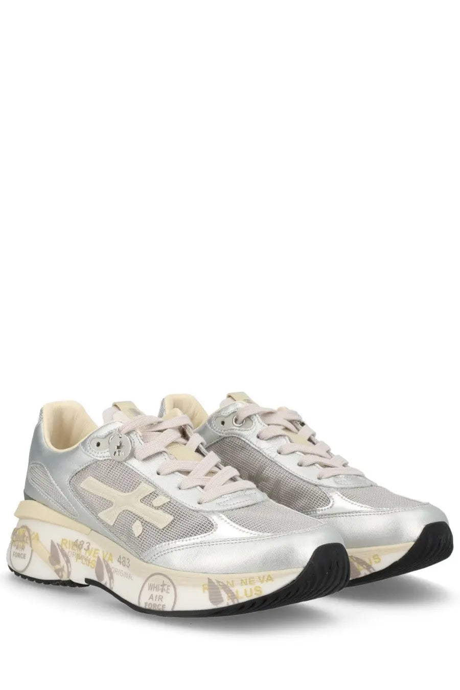 Premiata women’s sneaker moerund grey with silver metallic mesh and synthetic upper and vintage graffiti sole design