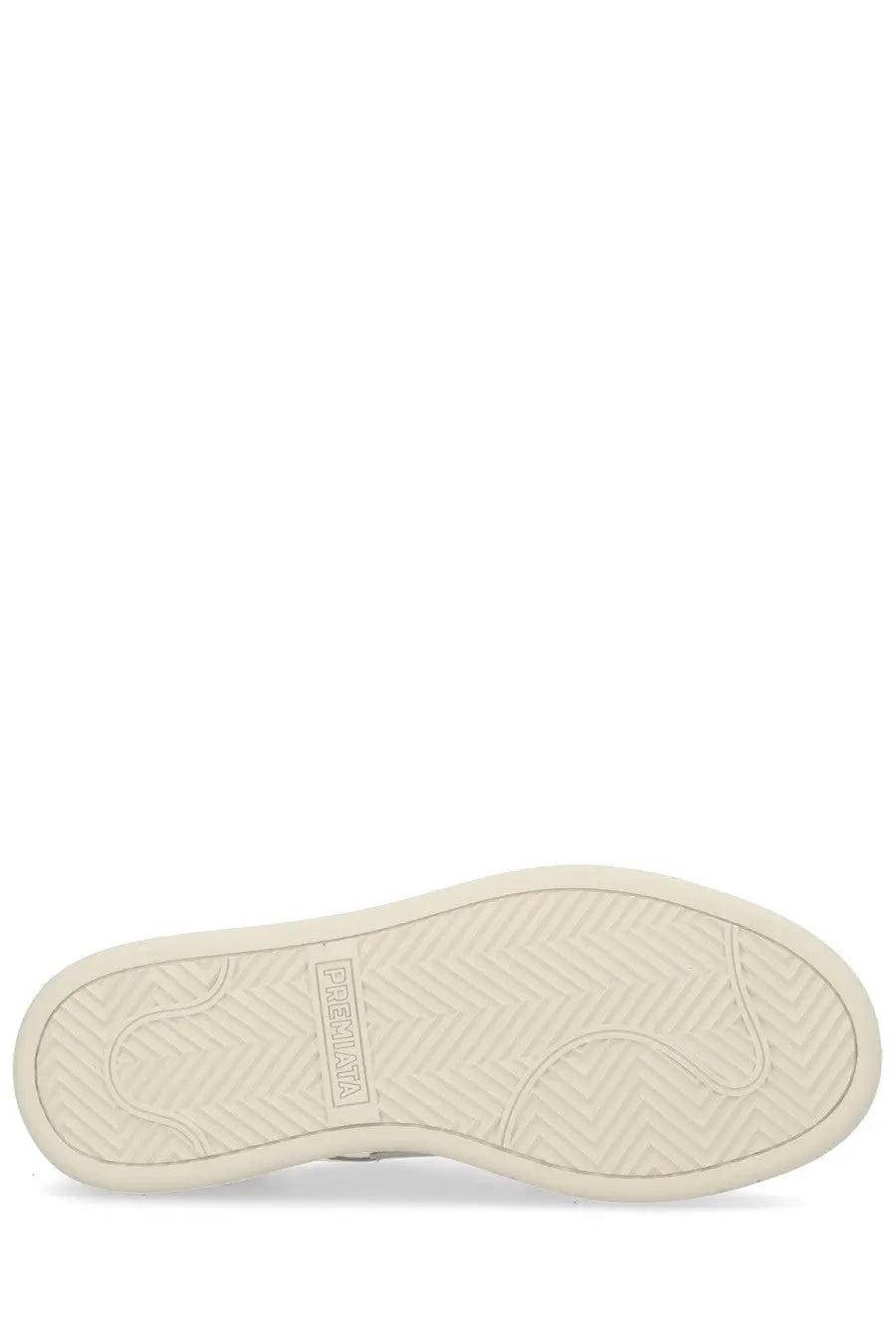 Premiata women’s sneaker quinnd white with cream-colored rubber sole featuring herringbone tread and premium branding