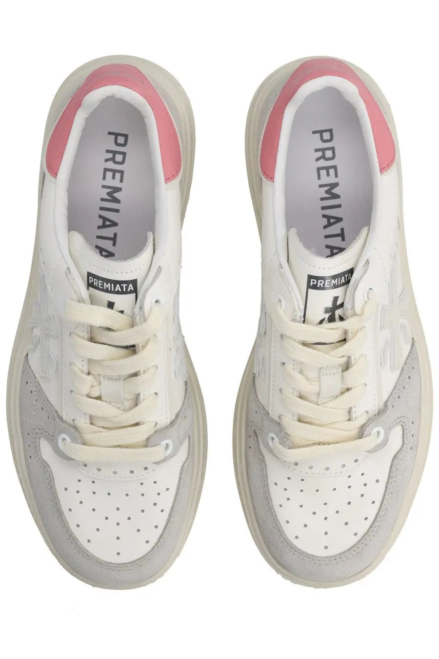 Premiata women’s sneaker quinnd white showing back view with white and gray leather and pink heel collar accents