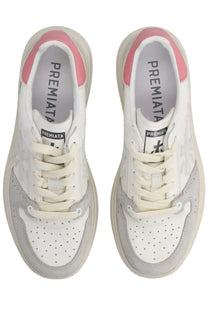 Premiata women’s sneaker quinnd white showing back view with white and gray leather and pink heel collar accents