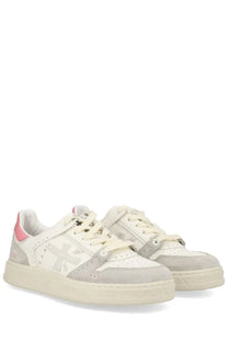 Premiata women’s sneaker Quinnd white in white and light gray suede with subtle pink accent on the heel tab back view