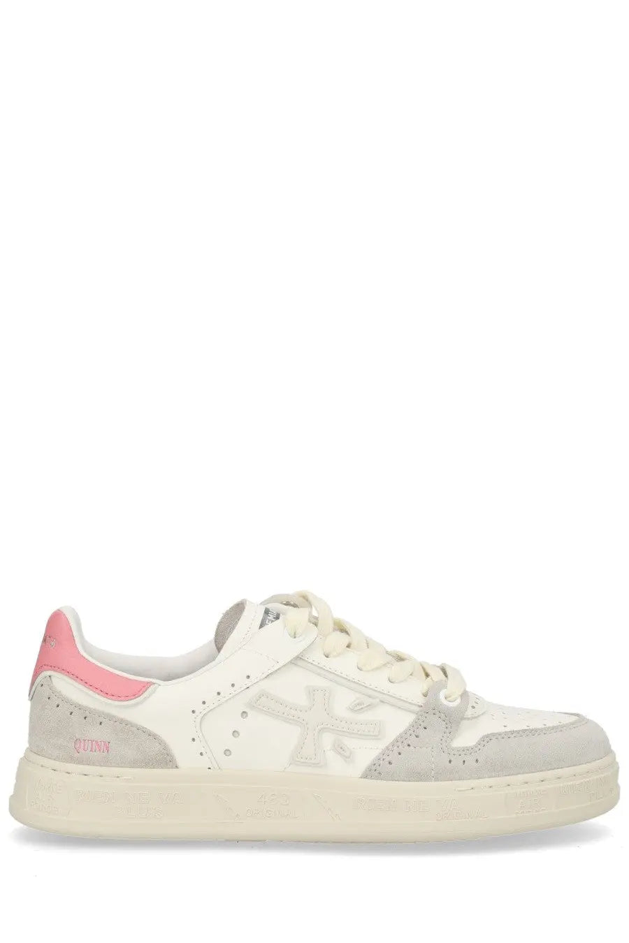 Premiata women’s sneaker quinnd white low-top with white and pink textured leather upper and perforated toe box detailing