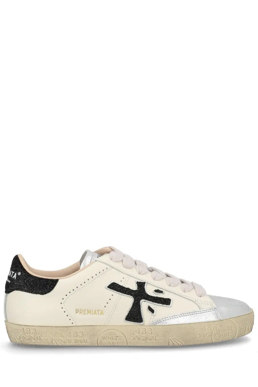 Premiata women’s sneaker stevend white cream color with black embroidered logo silver metallic toe cap and textured sole