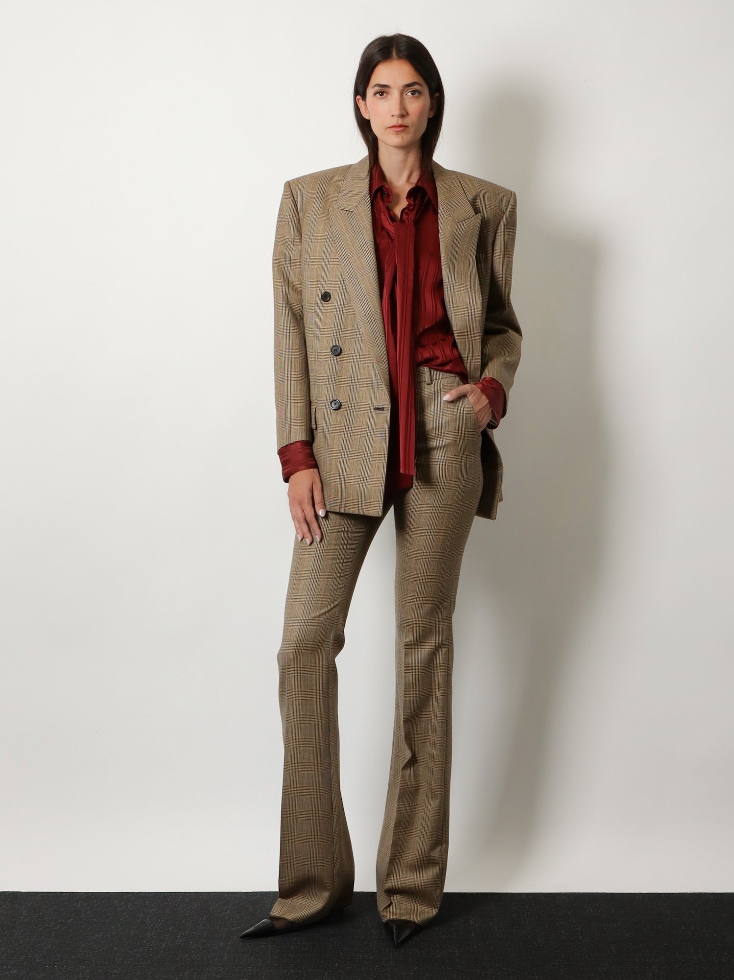 Saint Laurent Women's Prince of Wales Certified Wool Blazer Beige