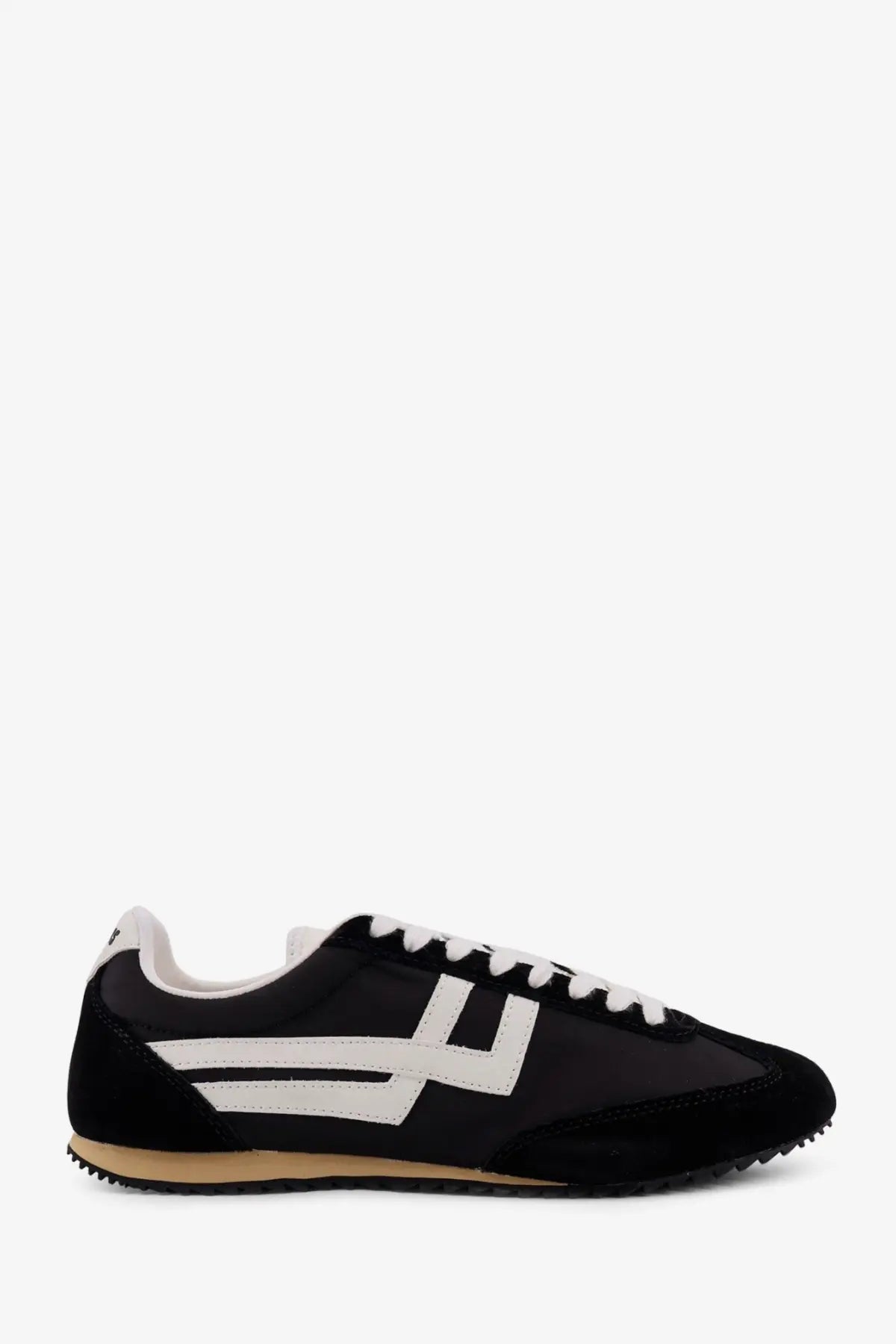 Pro-keds men’s racer sneakers in black suede and nylon with white laces bold white stripe and tan rubber sole