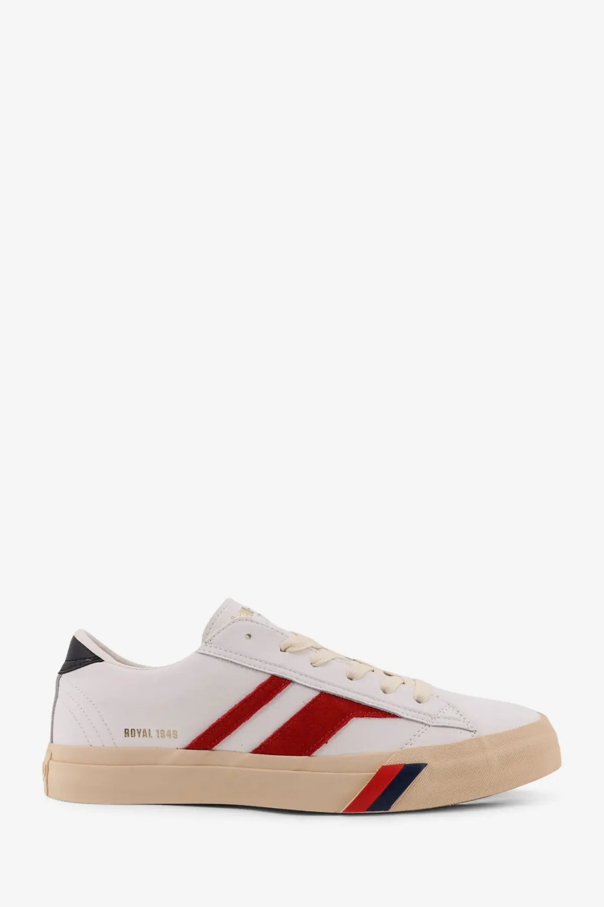 Pro-Keds men’s Royal Classic leather sneakers in white with red and navy stripes and beige rubber sole