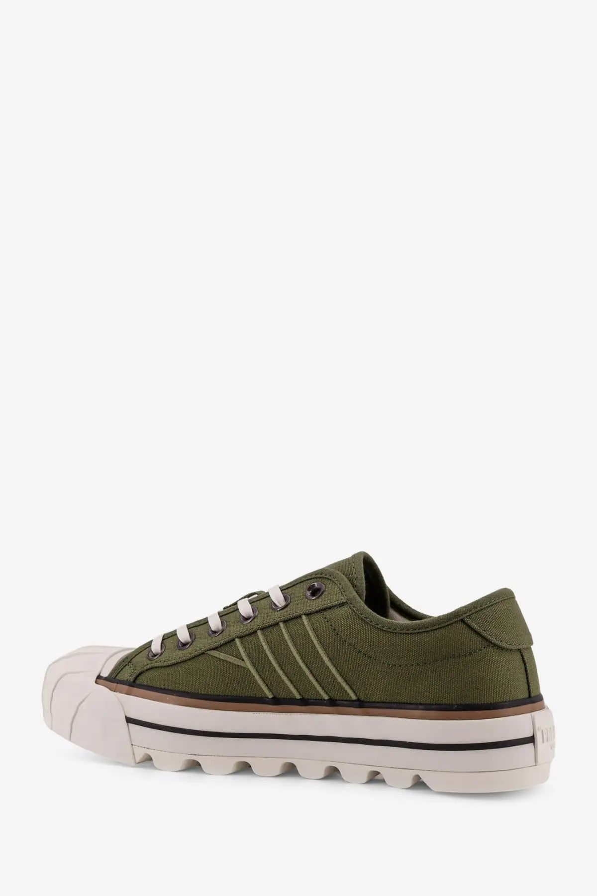 Olive green canvas low-top sneaker with white laces and chunky off-white rubber sole with black stripes by pro-keds