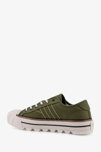 Olive green canvas low-top sneaker with white laces and chunky off-white rubber sole with black stripes by pro-keds