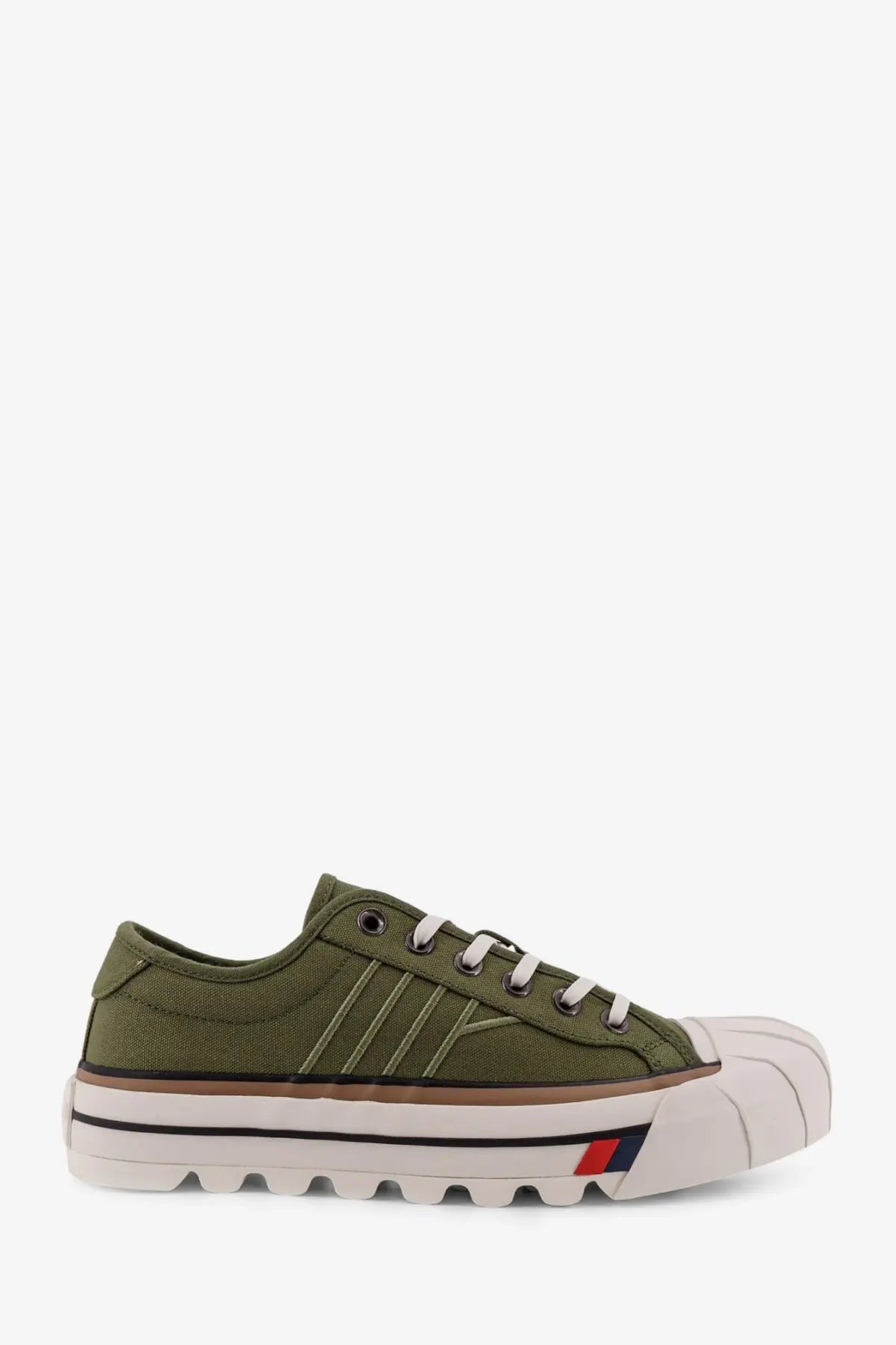 Pro-Keds men’s royal intrepid olive green canvas low-top sneaker with white laces and chunky rubber sole with stripes