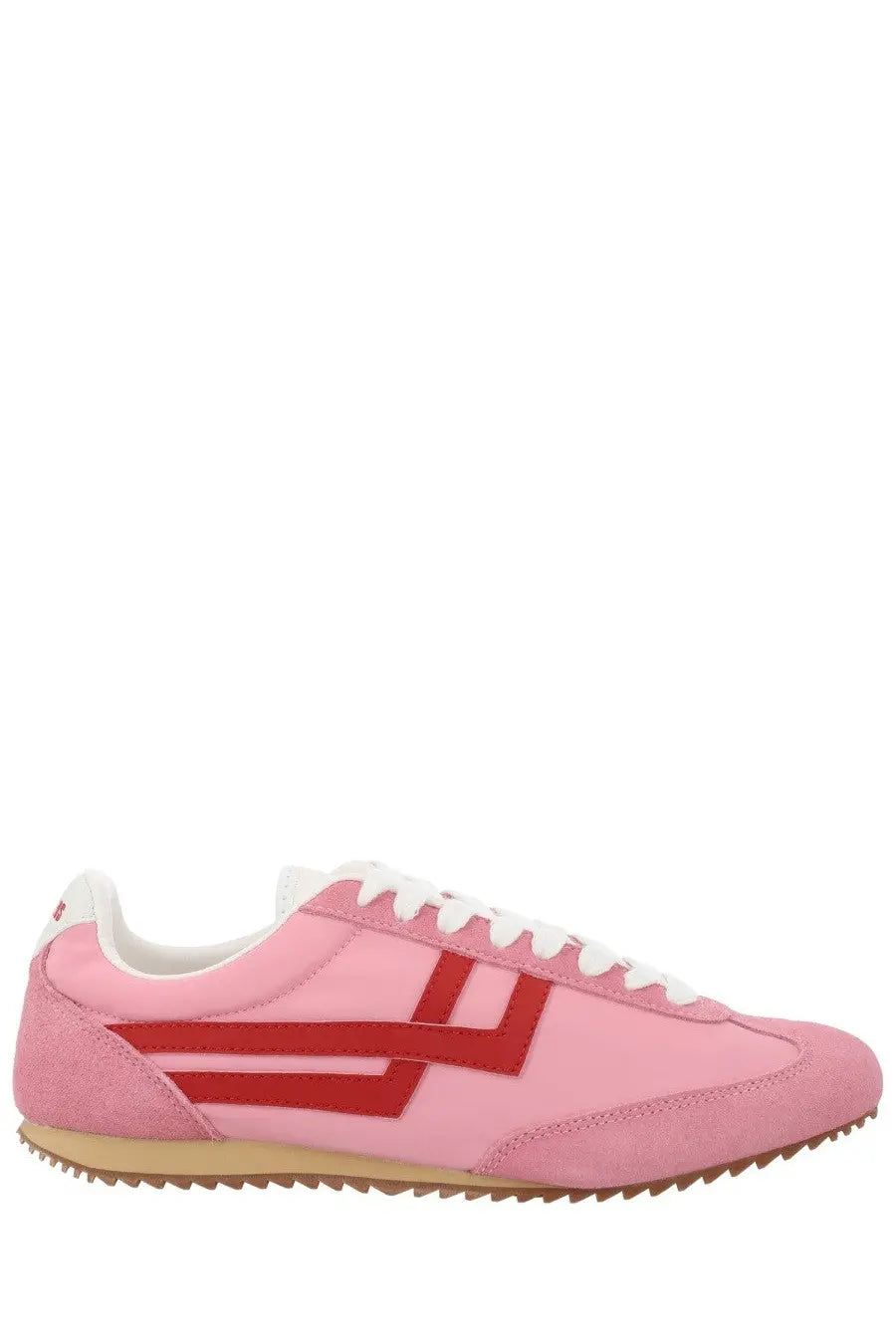 Pro-Keds women’s reacer low-top sneaker in pink suede and canvas with bold red geometric stripe detailing