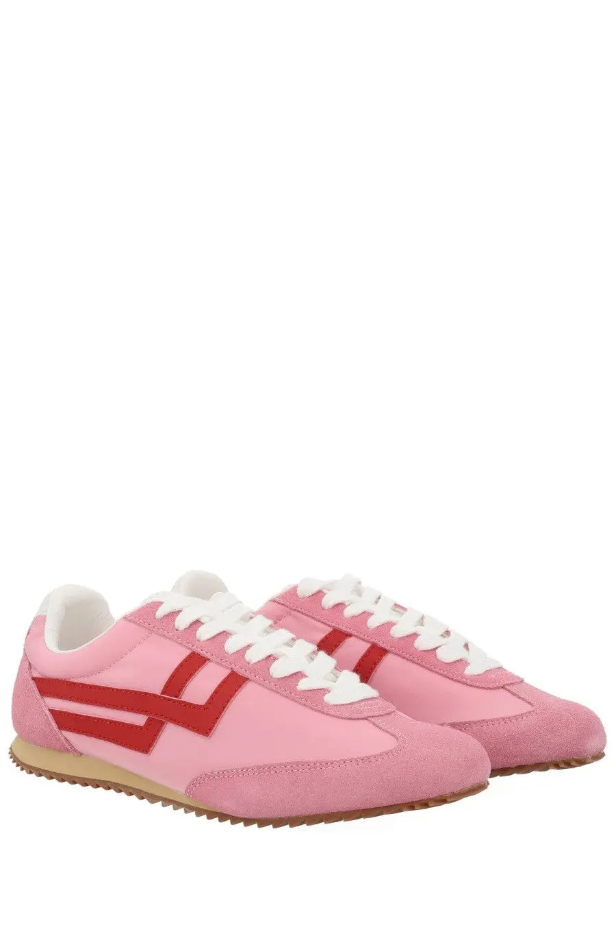 Pro-Keds women’s reacer sneaker in pink suede and canvas with bold red stripes white laces and tan rubber sole