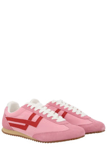 Pro-Keds women’s reacer sneaker in pink suede and canvas with bold red stripes white laces and tan rubber sole