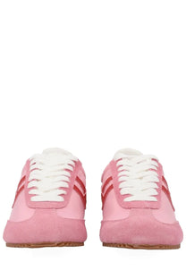Pro-keds women’s reacer sneaker in blue with pink suede and canvas, white laces, and red stripes