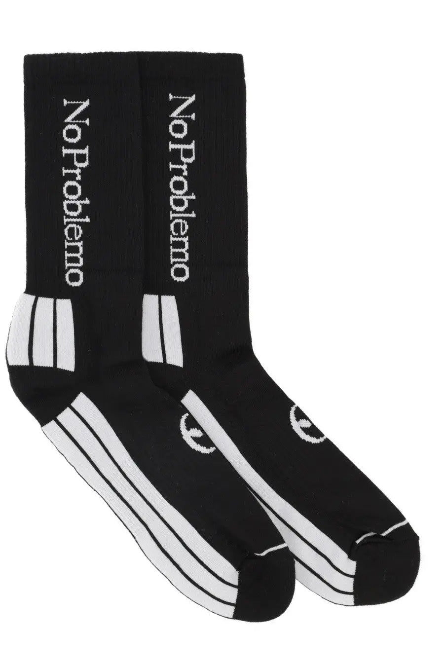 No problemo men’s calzini con black crew socks with white no problem text three stripes and small embroidered logo near toe