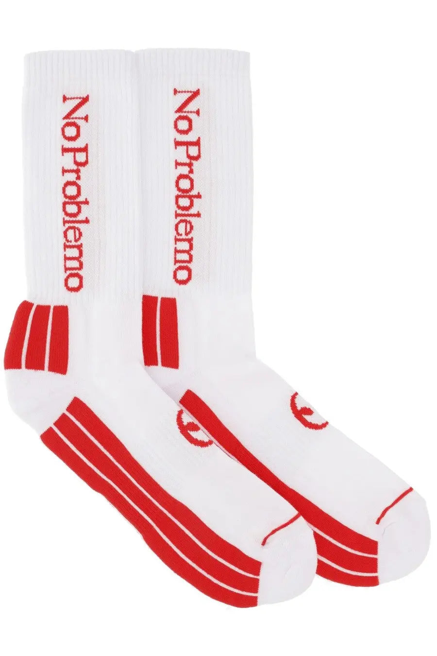 No problemo men’s calzini con white crew socks with bold red no problem lettering and matching striped accents