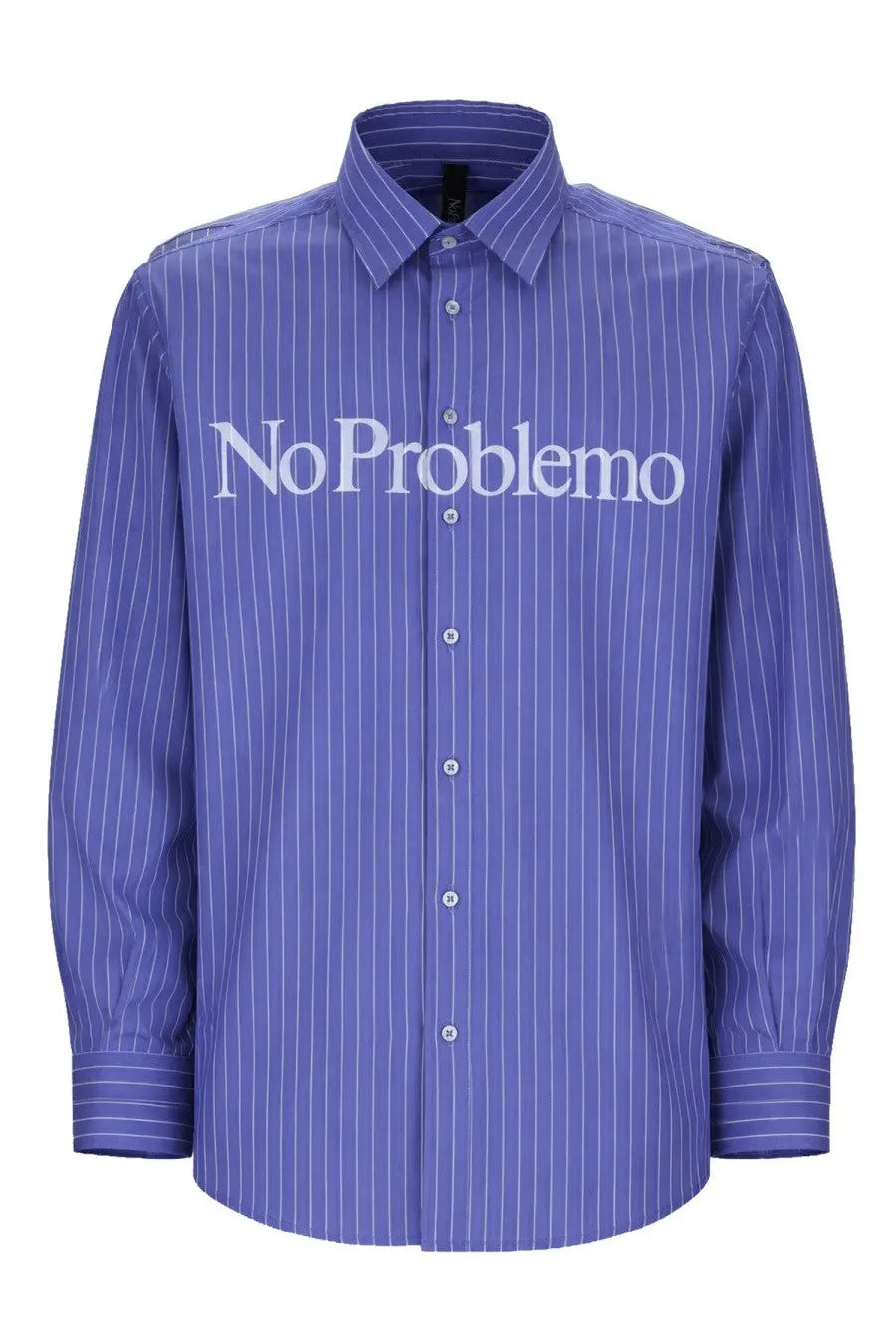Purple pinstripe No Problemo mens button-down shirt with white chest print