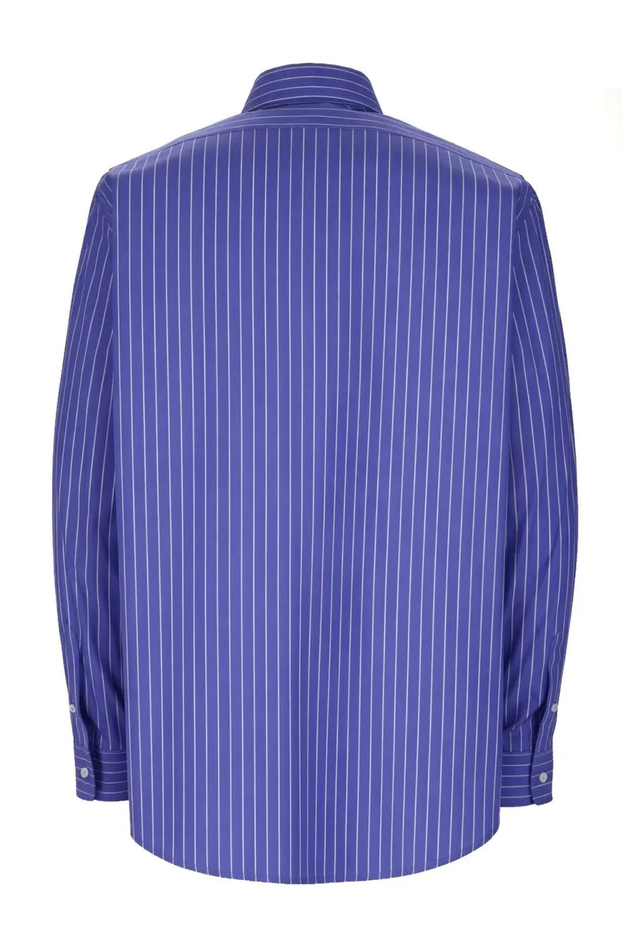 A royal blue long-sleeved no problemo men’s camicia con blue dress shirt with fine white pinstripes and a classic collar