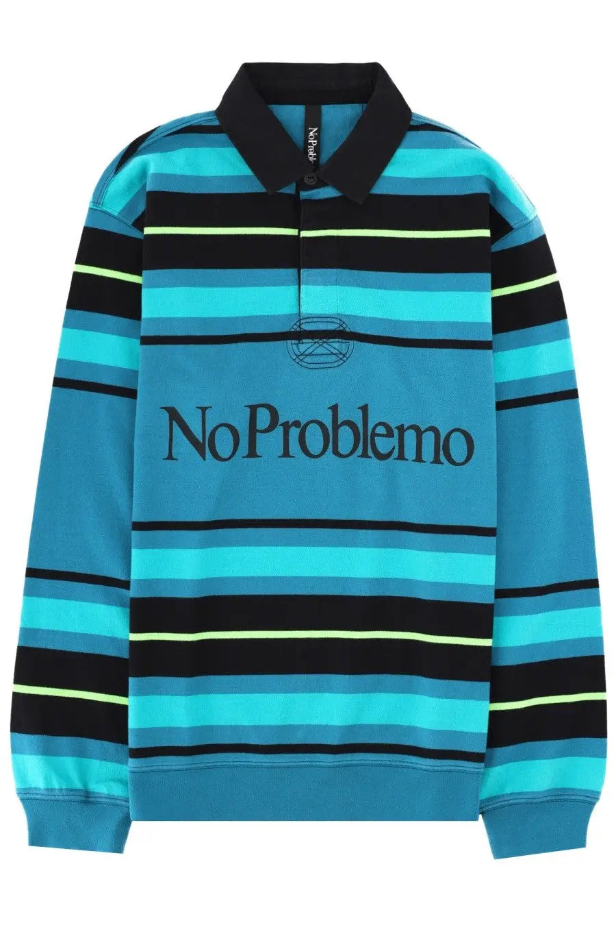 No Problemo men’s long-sleeve polo shirt in blue and black stripes with neon yellow accents and logo on the chest