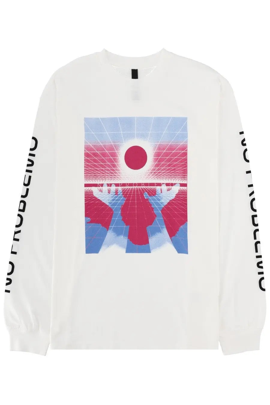 No Problemo men’s white long-sleeve t-shirt with bold red and blue geometric graphic hands reaching sun motif