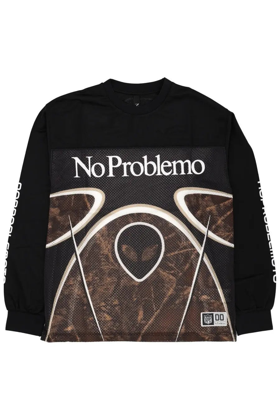 No Problemo unisex black long sleeve moto sweatshirt with camouflage alien face graphic and no problemo text on chest
