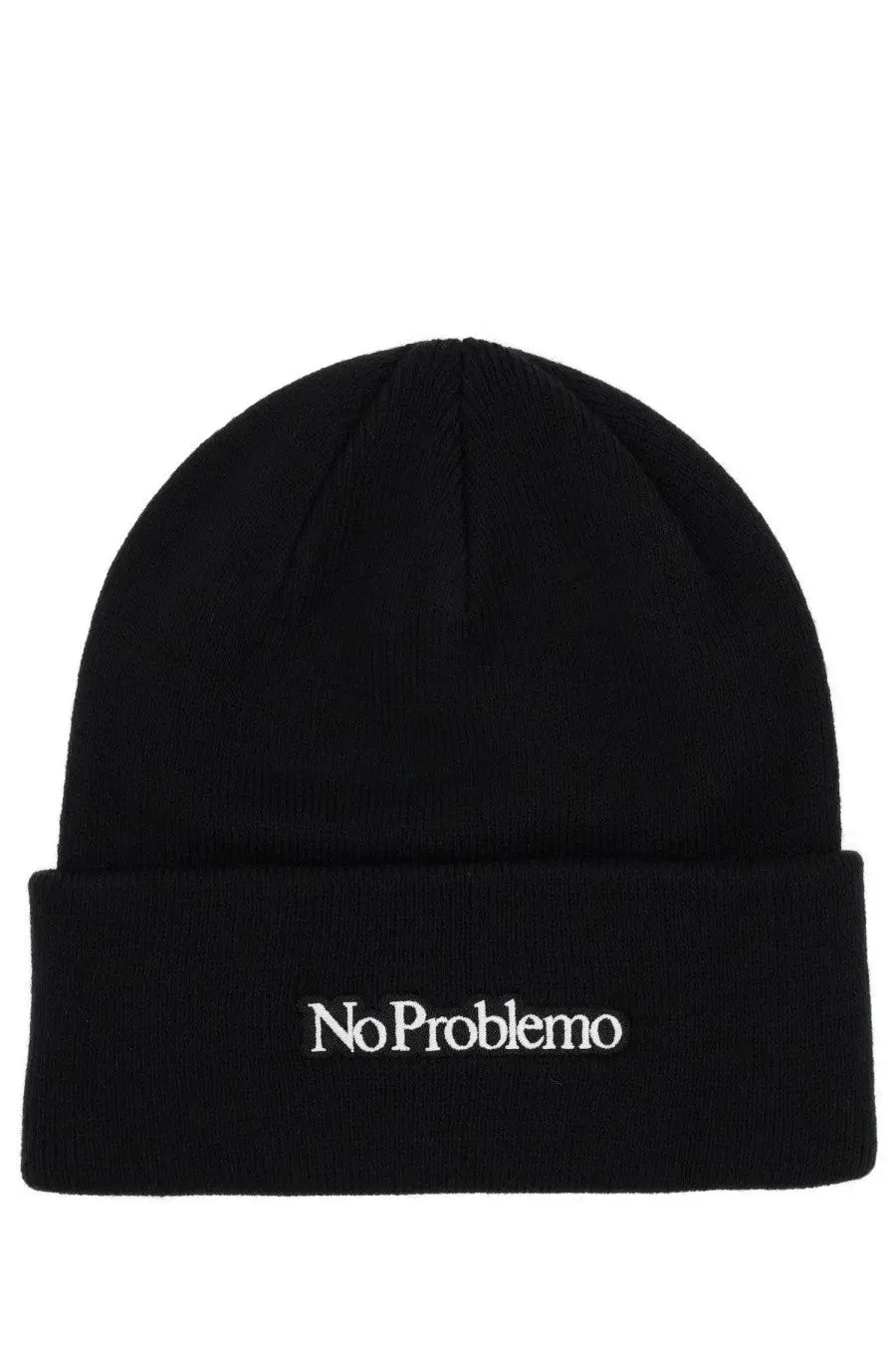 Black knit beanie with white embroidered no problemo text on the folded cuff from no problemo unisex cap black