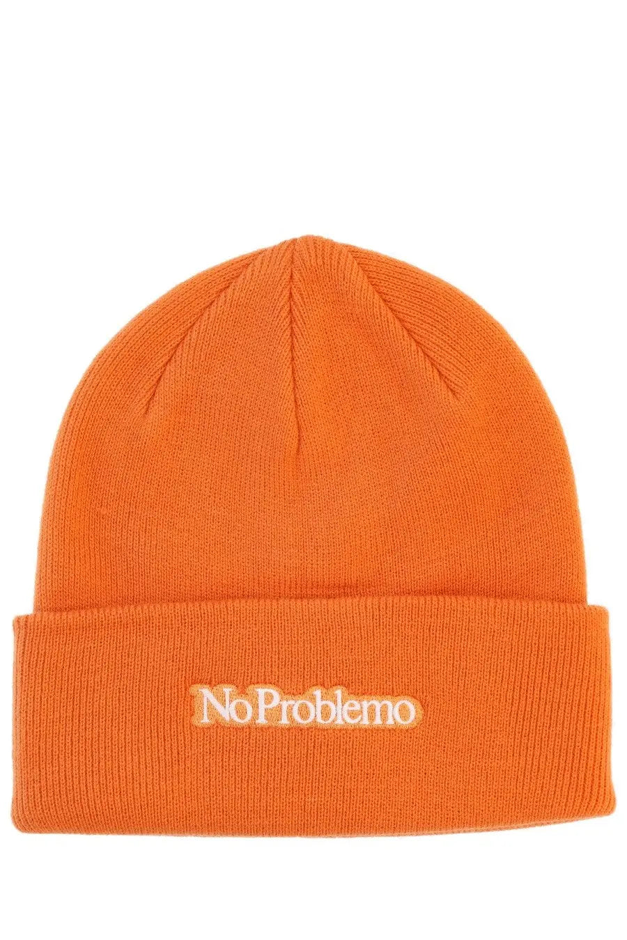 Bright orange knit beanie with folded cuff and no problemo embroidered in white from No Problemo Unisex Cap Orange