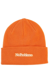 Bright orange knit beanie with folded cuff and no problemo embroidered in white from No Problemo Unisex Cap Orange