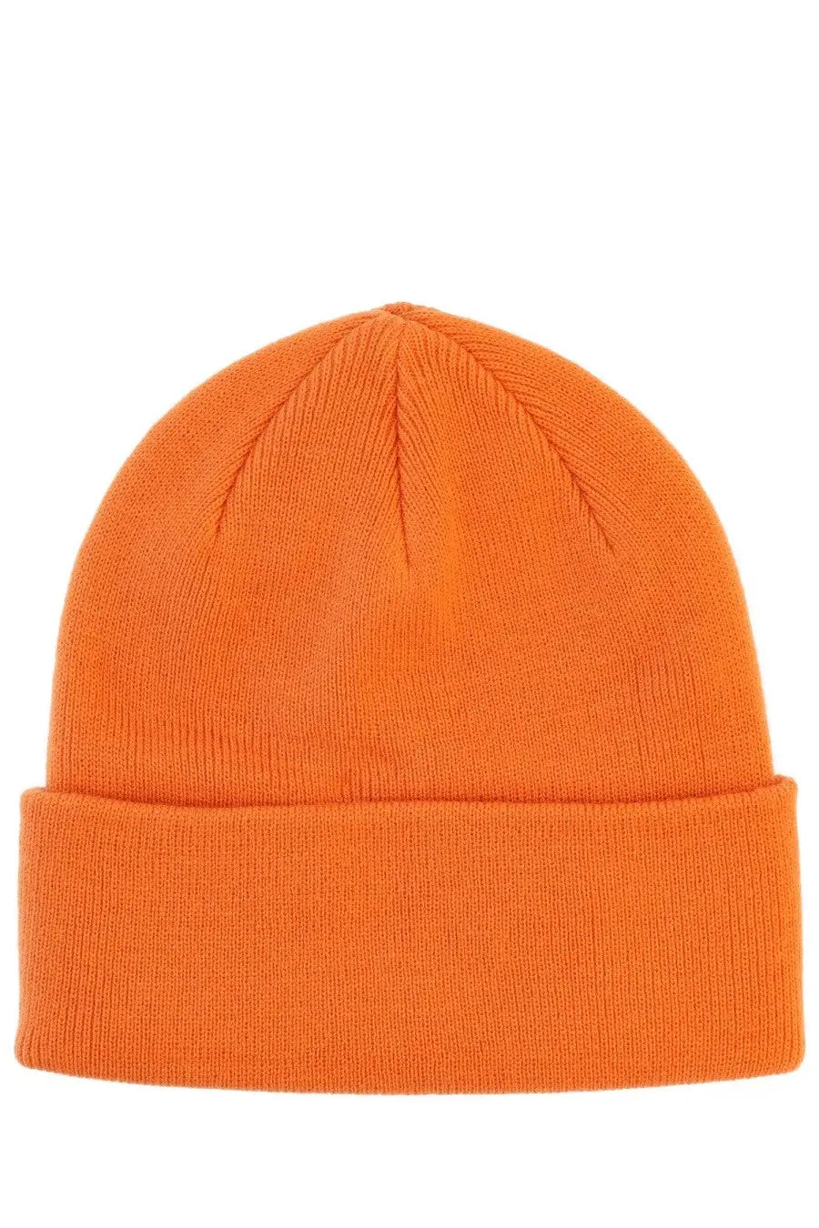 A vibrant orange no problemo unisex knit beanie with a folded cuff and ribbed texture