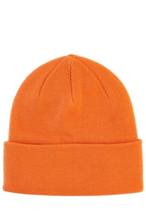 A vibrant orange no problemo unisex knit beanie with a folded cuff and ribbed texture