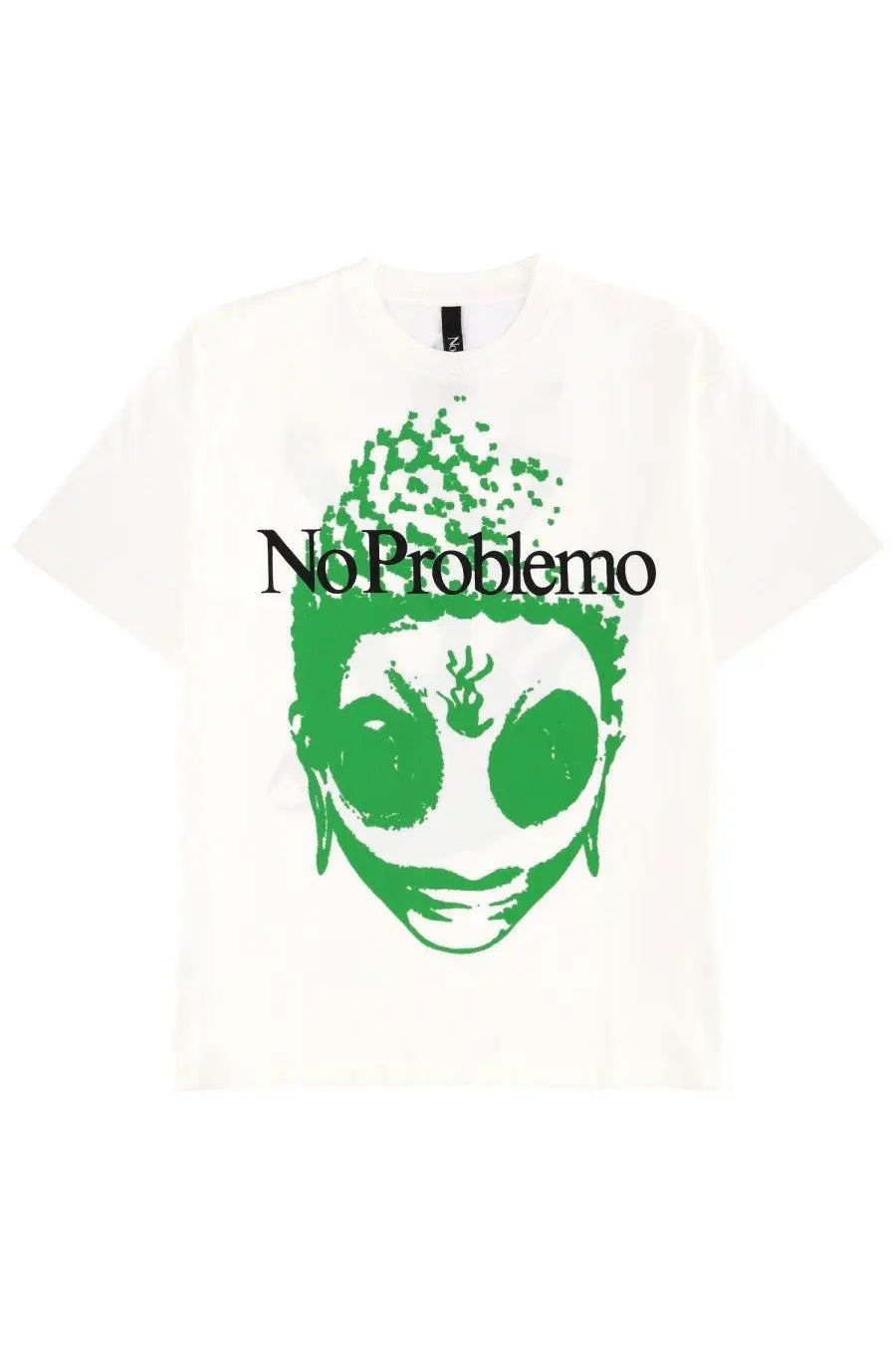White unisex t-shirt featuring a bold green buddha-like face graphic with no problemo text in black on the forehead