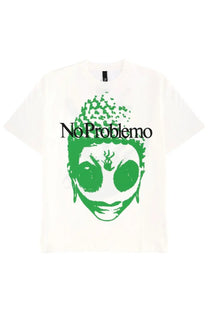 White unisex t-shirt featuring a bold green buddha-like face graphic with no problemo text in black on the forehead