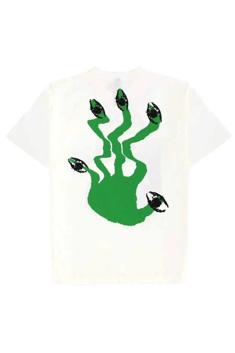 White no problemo unisex t-shirt with bold green handprint and black eyes on each finger in cotton fabric
