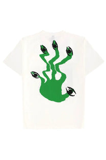 White no problemo unisex t-shirt with bold green handprint and black eyes on each finger in cotton fabric