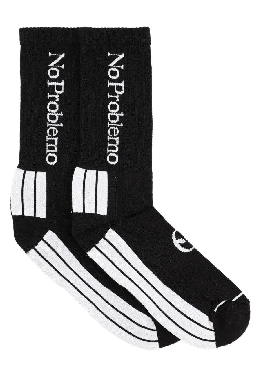 No problemo unisex black crew socks with white no problem text three stripes and small logo near the toe