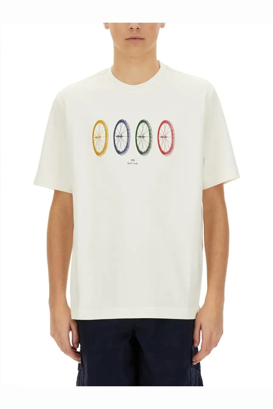 Ps by paul smith men’s off-white short-sleeved t-shirt with colorful bicycle wheel graphic in yellow blue green and red