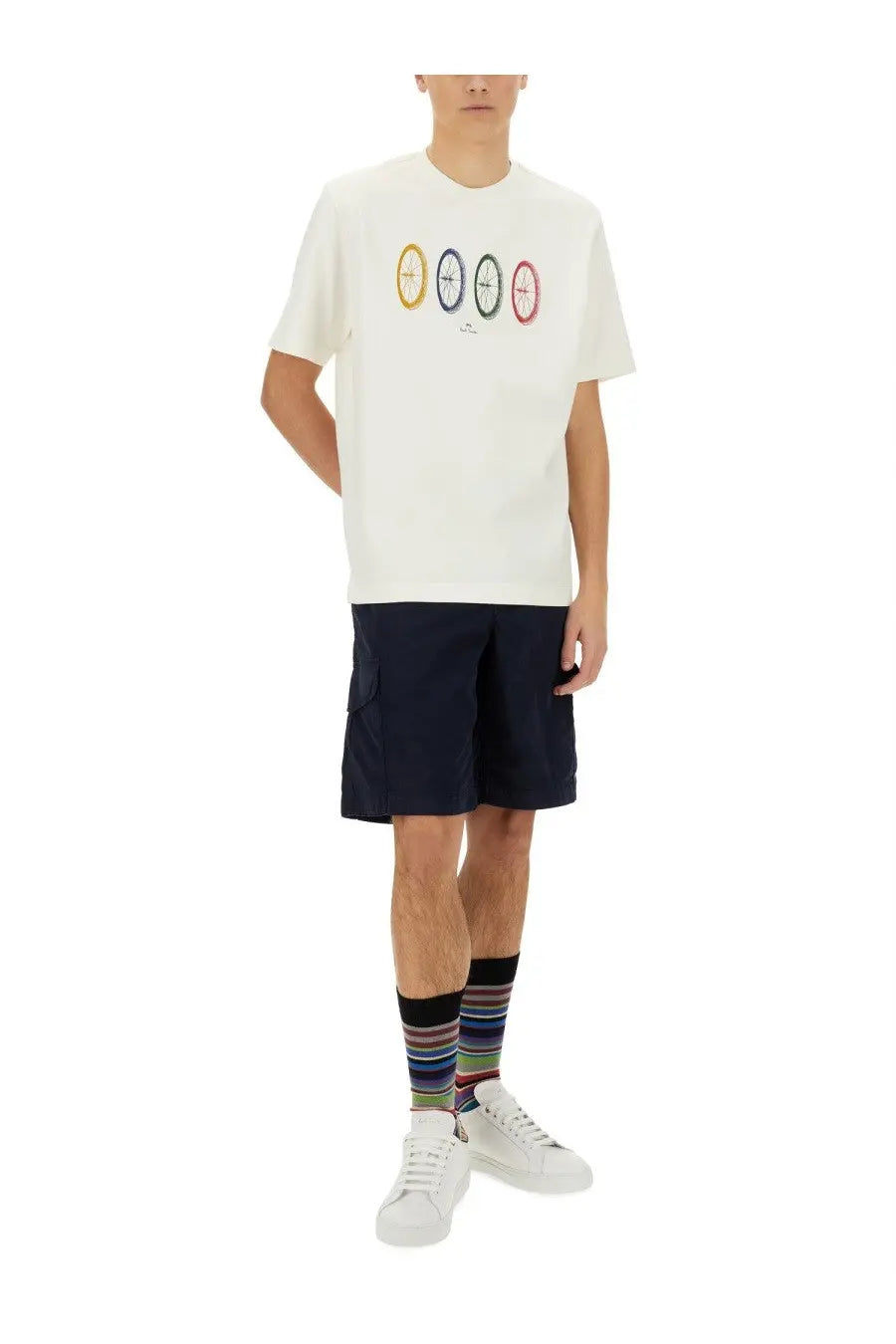 White ps by paul smith men’s short sleeved t-shirt with colorful circular compass graphics across the chest