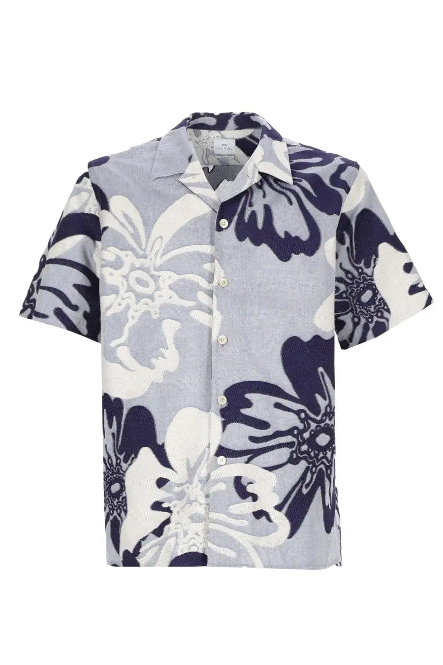 Ps By Paul Smith men’s short-sleeved button-up shirt with bold navy blue and white floral print on light gray fabric