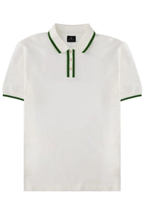 Ps by Paul Smith men’s white cotton polo shirt with green trim on collar placket and sleeve cuffs