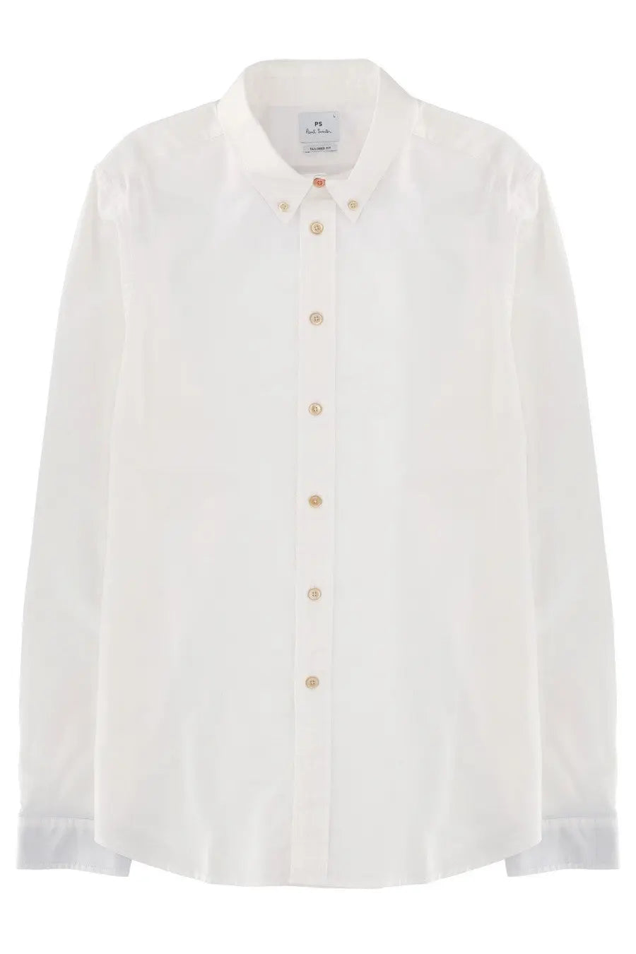 Ps by paul smith men’s white cotton shirt with long sleeves beige buttons and classic collar front view